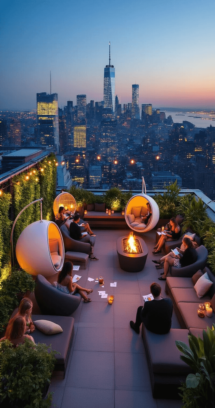 A chic rooftop terrace at twilight showcasing a glittering skyline. Guests are scattered among modern lounge chairs, hanging egg chairs, and cushioned benches, with some writing cards for the 'Time-Capsule Challenge' while others chat around a fire pit. Potted plants and vertical gardens add greenery, and a bar area serves colorful cocktails. The scene is illuminated by fading natural light, warm string lights, and the glow from the fire pit, creating a sophisticated and reflective atmosphere.