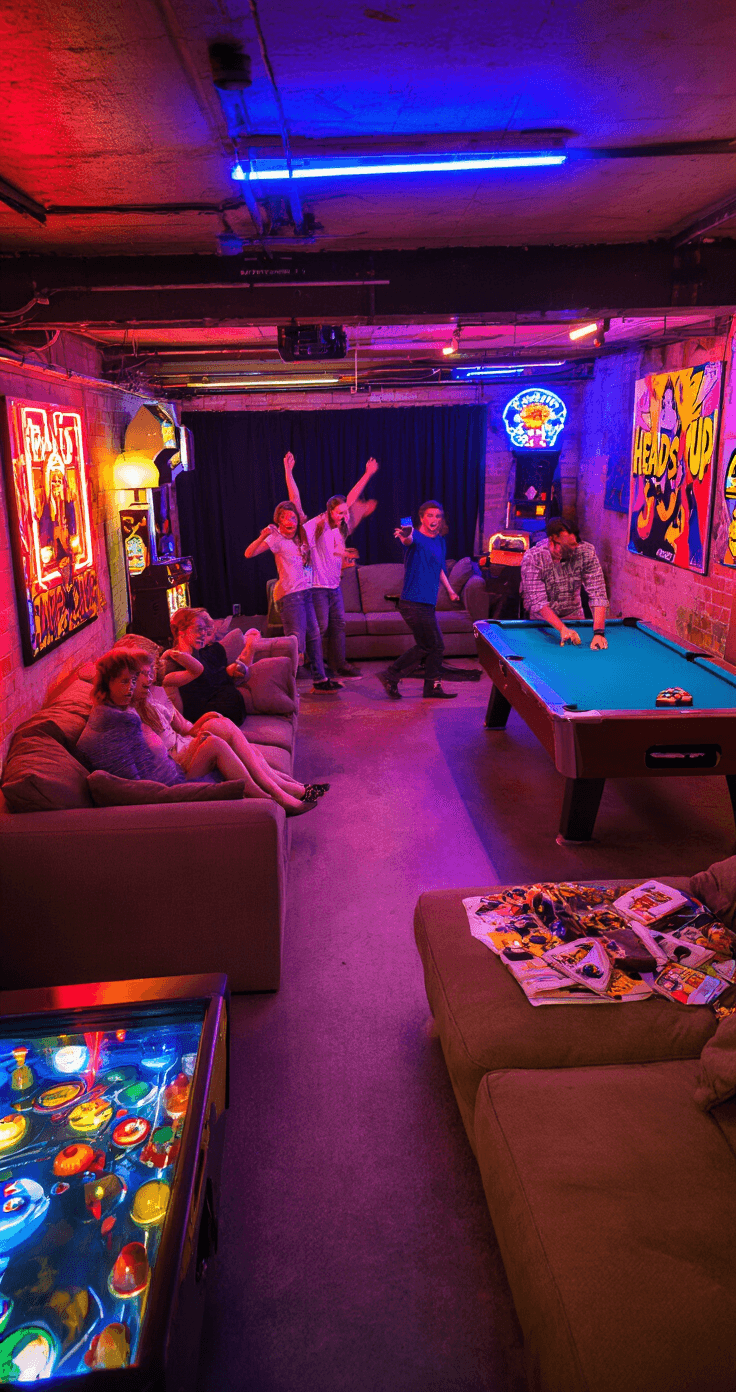 An energetic basement rec room in party mode, featuring a small stage for charades, sectional sofas with people playing 'Heads Up!' on smartphones, vintage arcade games along one wall, and a pool table serving as a snack station. The space is illuminated with colorful LED lights and warm lamps, showcasing vibrant neon signs and pop art posters.