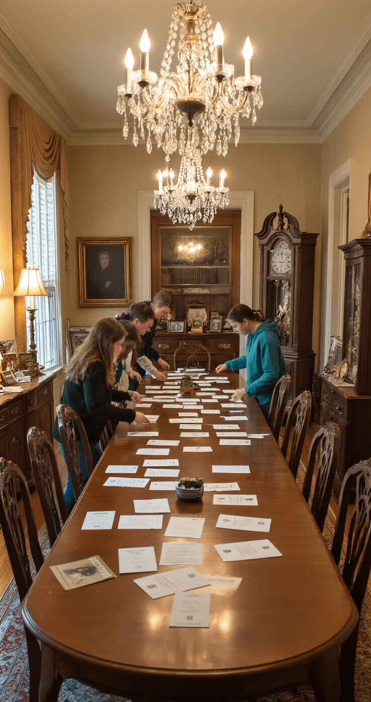 A spacious dining room set for an indoor scavenger hunt, featuring a long table pushed to one side with clue cards and props, guests exploring drawers and picture frames, illuminated by warm chandelier light, with antique sideboards and a grandfather clock in the background, creating an exciting and mysterious atmosphere.