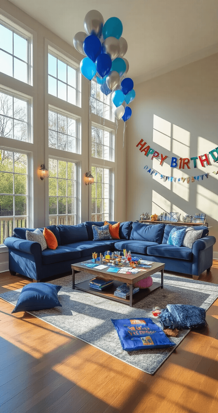 A spacious, festive living room setup for a teen birthday party with a 'Scavenger Hunt Mayhem' theme, featuring a navy blue sectional sofa, colorful throw pillows, a coffee table adorned with clue cards and trinkets, balloons, garlands spelling 'HAPPY BIRTHDAY', and a cozy area rug, illuminated by late afternoon sunlight and warm LED string lights.