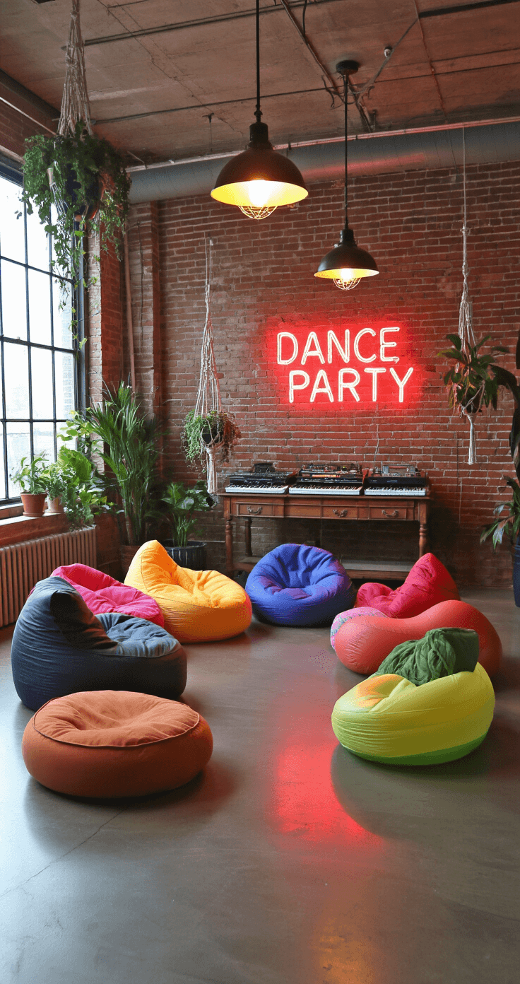 An overhead shot of a cozy 15x15 indoor space transformed for 'Musical Chairs: Not Just for Kids Anymore', featuring exposed brick walls, polished concrete floors, and ambient lighting. A circular arrangement of vibrant, mismatched seating options is surrounded by potted plants, with a DJ booth and sleek sound system visible. Neon signs reading 'DANCE' and 'PARTY' illuminate the energetic atmosphere.