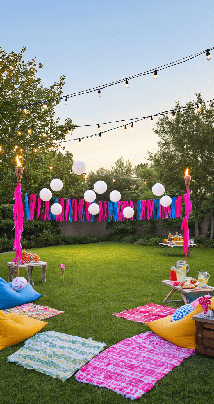A vibrant backyard volleyball setup featuring pink and blue crepe paper streamers, oversized white balloons, bean bag chairs, and a refreshment table, all bathed in warm golden hour light.