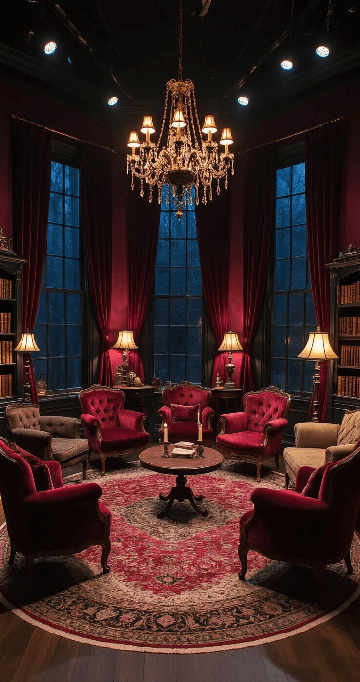 An atmospheric living room with deep burgundy walls, dim lighting from antique floor lamps and flickering faux candles. A circular arrangement of mismatched vintage armchairs and small sofas is set for 'Wink Murder'. A grand chandelier casts dramatic shadows, and an ornate Persian rug covers the hardwood floor, while bookshelves filled with leather-bound books add to the mysterious ambiance.