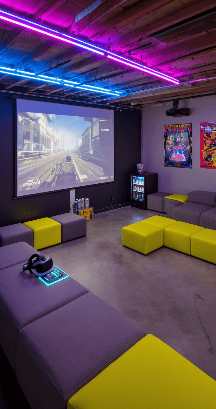 A wide shot of a modern basement rec room set up for virtual reality gaming, featuring polished concrete floors, exposed ceiling beams, color-changing LED lights, a designated VR play area marked with glow-in-the-dark tape, a charging station for VR equipment, a large projection screen displaying the VR view, modular seating in gray and neon yellow, geometric wall art, retro arcade game posters, and a mini-fridge stocked with energy drinks. The atmosphere is dynamic and high-tech, highlighting the excitement of the VR zone.