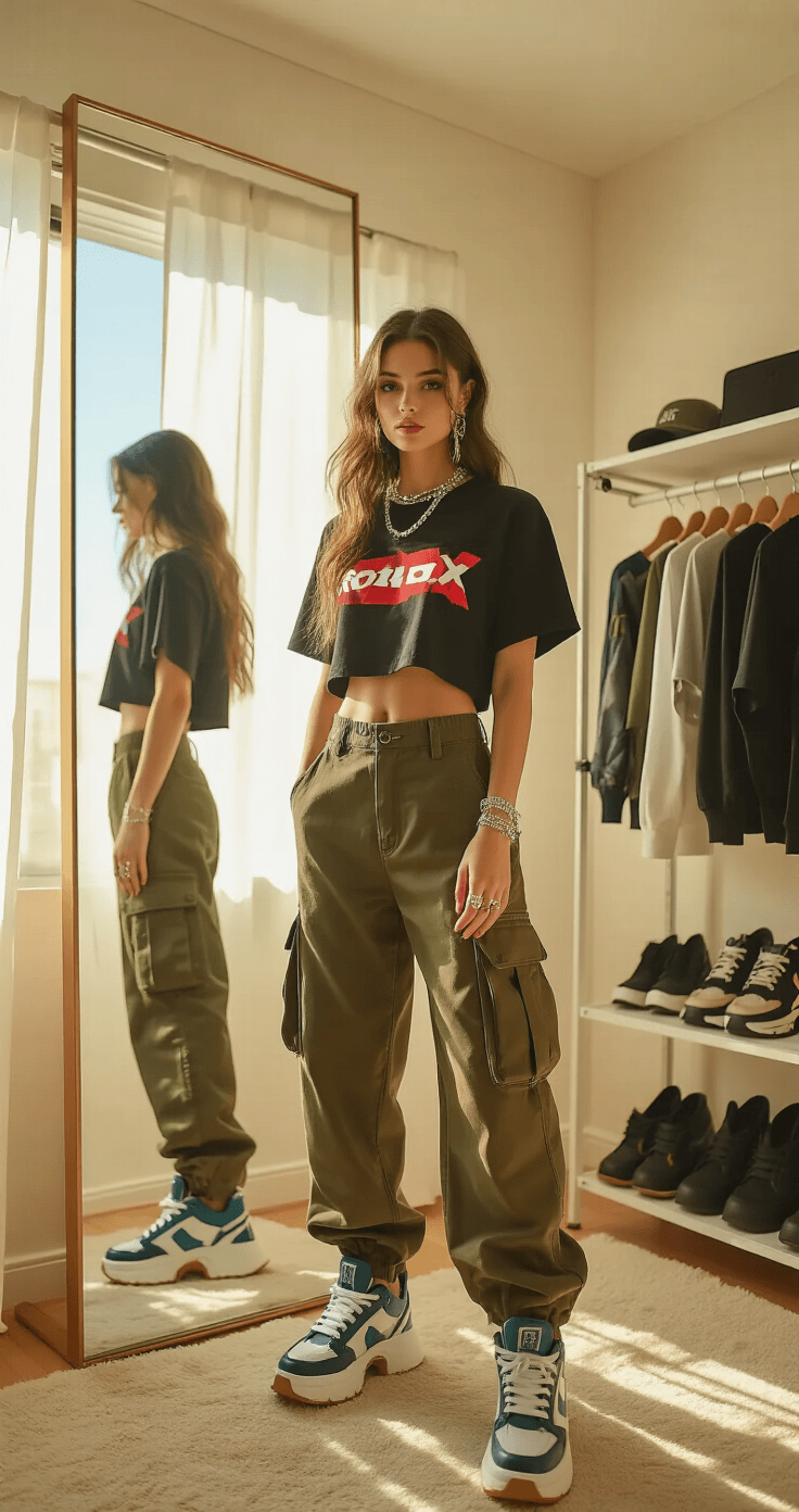 A fashion influencer in a bright, airy bedroom stands before a full-length mirror, styling a cropped Roblox ninja t-shirt with high-waisted cargo pants and platform sneakers. A wardrobe rack in the background showcases curated gaming-inspired streetwear, while soft sunlight highlights metallic accessories. The wide-angle shot captures the entire stylish setup in warm golden hour light.