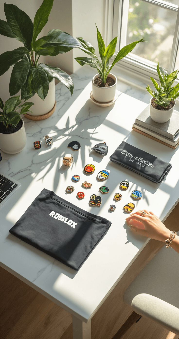 A cozy home office bathed in morning light, featuring a fashion content creator arranging a flat lay of Roblox merchandise—ninja graphic tee, enamel pins, gaming accessories, and coordinating jewelry—on a marble desk surrounded by potted plants and minimalist decor, captured from an overhead perspective with natural shadows.