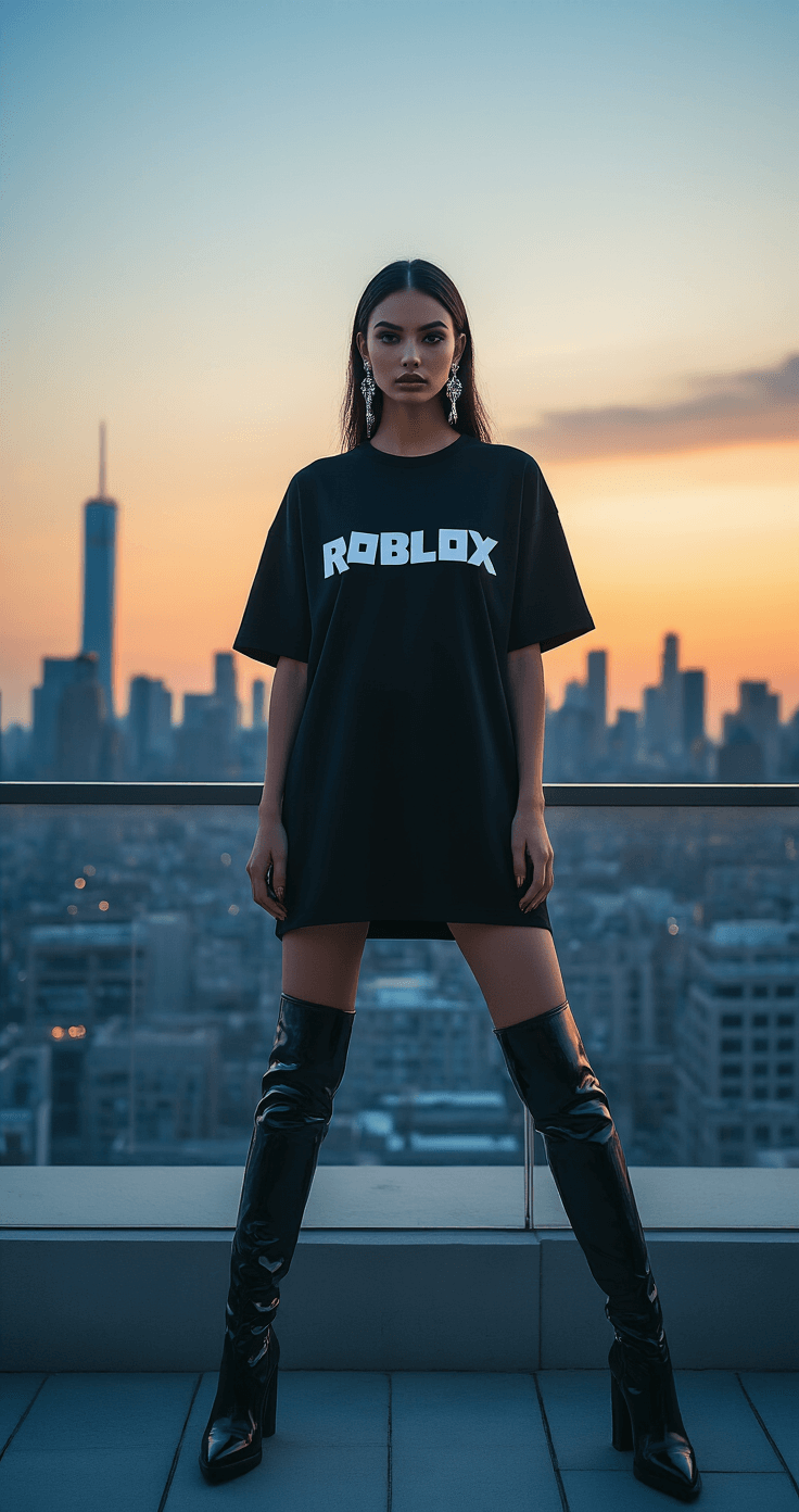 A fashion model poses in a rooftop lounge at blue hour, wearing an oversized Roblox ninja t-shirt styled as a dress, paired with thigh-high boots and statement earrings, set against a city skyline illuminated by sunset and urban lights, shot from a low angle to highlight the outfit and modern architecture.