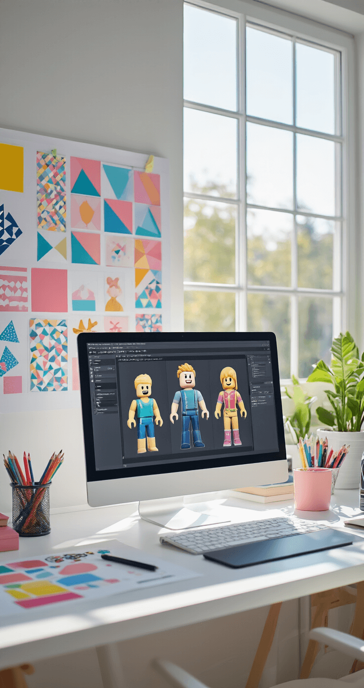 Mastering Roblox Fashion: Creating Safe and Stylish T-Shirt Designs A brightly lit digital design studio featuring a modern computer displaying Roblox's T-shirt template editor, surrounded by a mood board of colorful patterns and sketches of cheerful avatar outfits on a clean white desk with a graphics tablet and color guides.