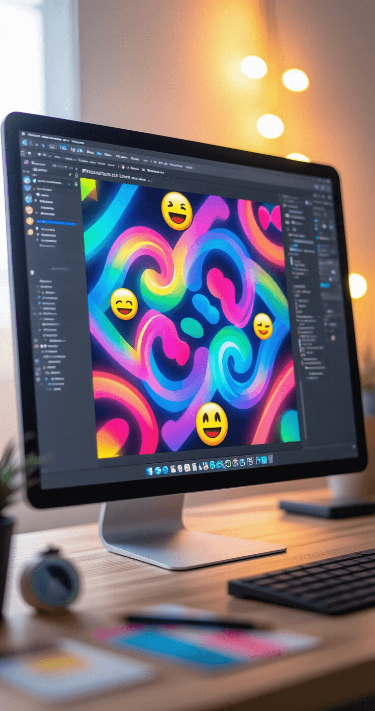 Mastering Roblox Fashion: Creating Safe and Stylish T-Shirt Designs Close-up of a digital artboard displaying the creation process of a vibrant Roblox T-shirt design, featuring abstract patterns with interlocking neon shapes, rainbow gradient swirls, and emoji-inspired elements, set in a softly lit workspace with design tools and materials neatly arranged.
