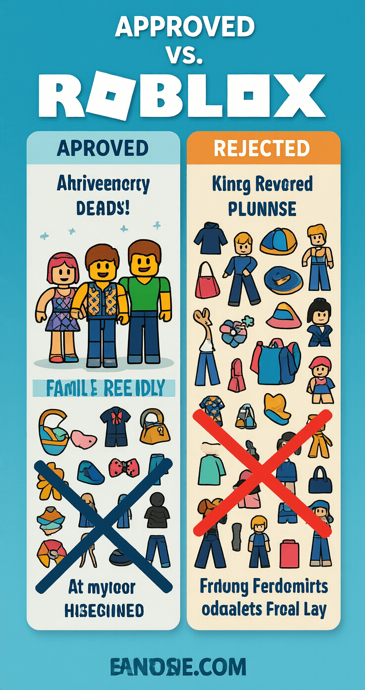 Mastering Roblox Fashion: Creating Safe and Stylish T-Shirt Designs Split-screen image featuring approved Roblox fashion designs on the left with vibrant comic-style graphics and geometric patterns, and rejected designs on the right, marked with a red cross, showcasing styles to avoid; shot from above with clear studio lighting.
