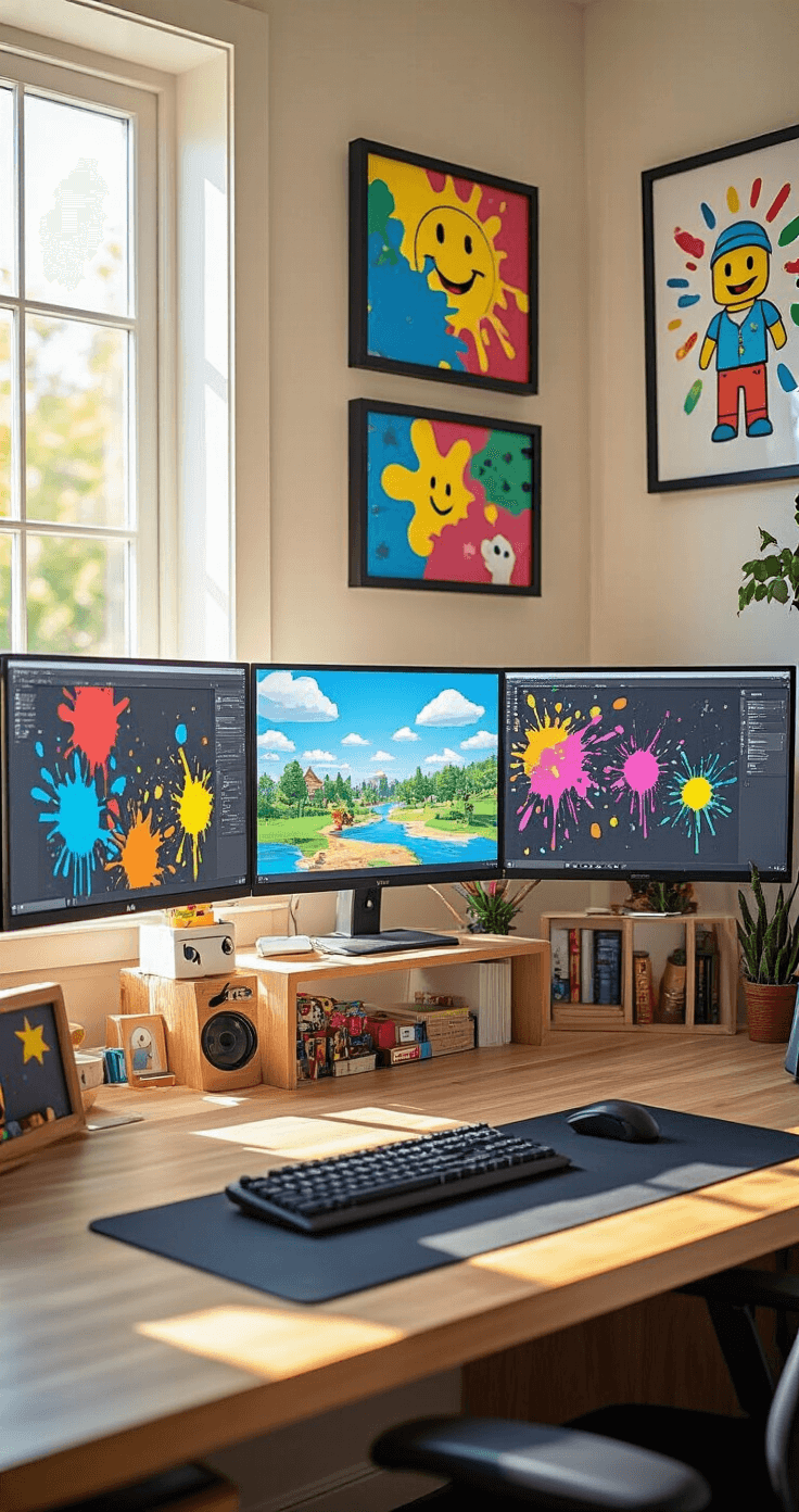 Mastering Roblox Fashion: Creating Safe and Stylish T-Shirt Designs A bright home office with multiple monitors showcasing successful Roblox T-shirt designs in a gallery setup, surrounded by walls adorned with framed colorful designs featuring paint splatters and playful graphics, illuminated by warm morning light.