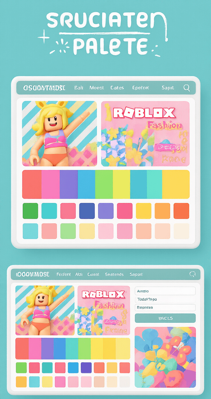 Mastering Roblox Fashion: Creating Safe and Stylish T-Shirt Designs Detailed view of a digital color palette workspace for creating cheerful Roblox fashion themes, showcasing vibrant color combinations in pastels, neons, and primary colors, with playful patterns illuminated by soft side lighting in a macro lens perspective.
