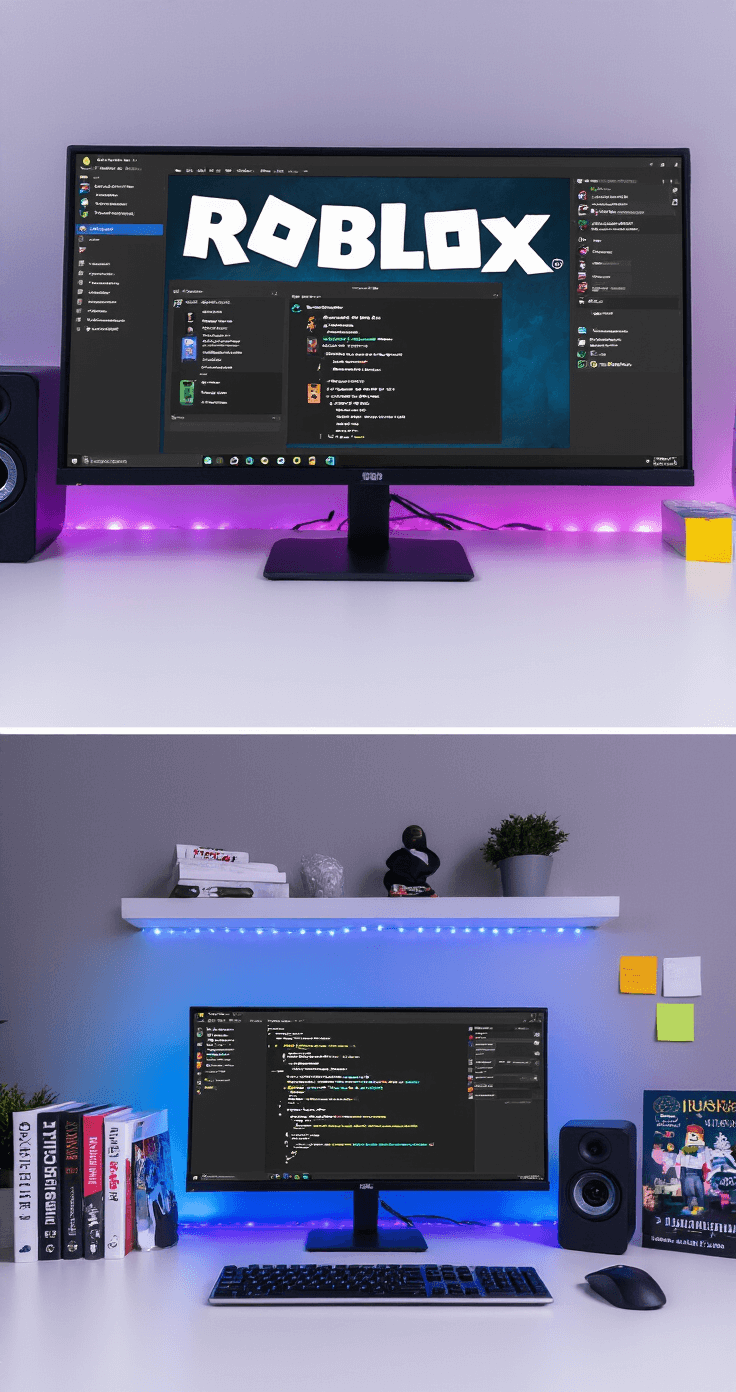 Mastering Roblox Fashion: Creating Safe and Stylish T-Shirt Designs A modern gaming setup featuring dual screens; one screen displays Roblox's design interface while the other outlines platform guidelines. The clean desk has organized design tools, digital fashion reference books, and sticky notes filled with creative ideas, all illuminated by cool LED ambient lighting. The image is captured from the user's perspective.