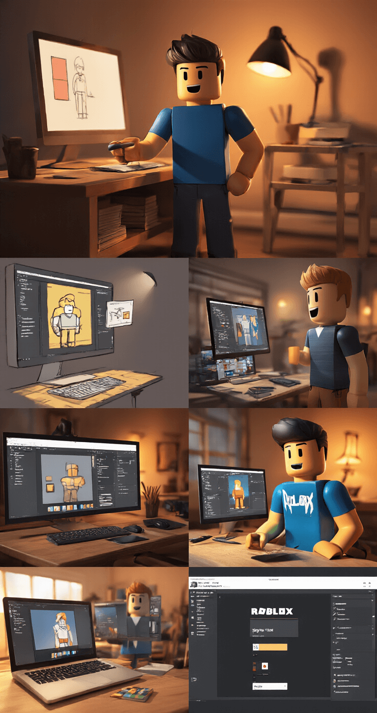 Mastering Roblox Fashion: Creating Safe and Stylish T-Shirt Designs A time-lapse style composition showcasing the evolution of a Roblox T-shirt design, featuring multiple screens that depict the stages from sketch to final product, including initial concept, digital rendering, color selection, and upload preparation, all under warm studio lighting in a wide shot capturing the complete workflow.