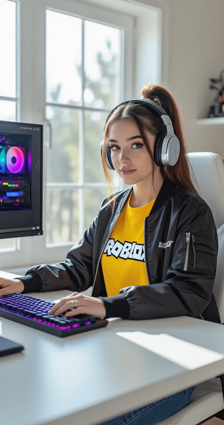 A young female content creator in a vibrant yellow Roblox t-shirt and black bomber jacket sits at a minimalist white desk in a bright gaming room. Her professional streaming setup features RGB lighting, and she wears silver gaming headphones with simple jewelry and a high ponytail, all captured from a 45-degree angle.