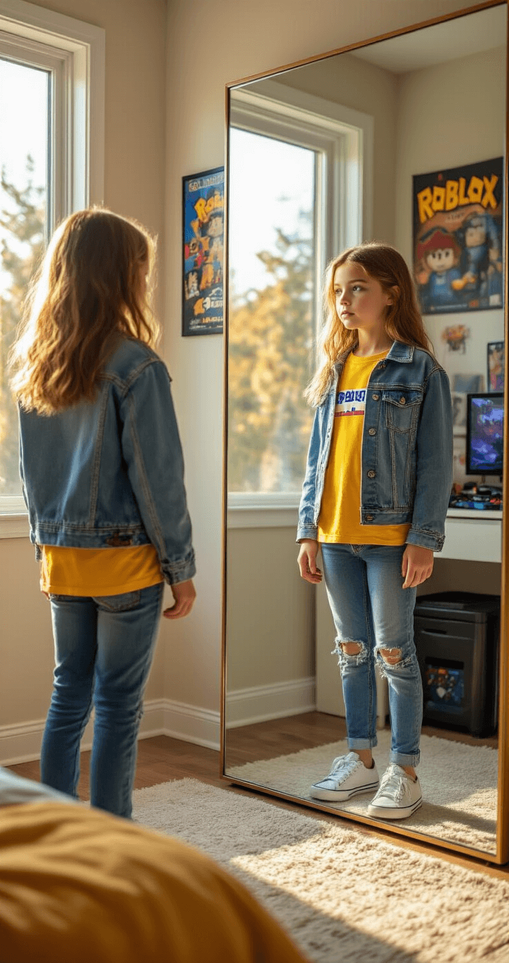 A teenage girl stands in a sunlit contemporary bedroom, facing a full-length mirror. She layers a classic yellow Roblox tee under a distressed denim jacket, with Roblox-themed décor and posters visible in the background. The image captures the reflection in the mirror, highlighting her outfit from both the front and back. A neatly organized gaming corner is also in view.