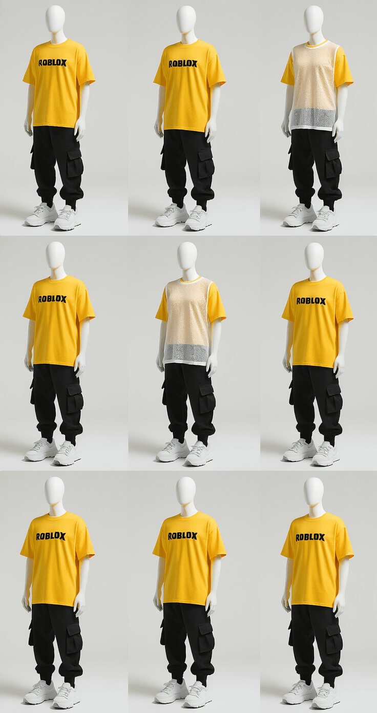 Multiple mannequins in a minimalist white photo studio display various styling options of a yellow Roblox t-shirt, including pairings with black cargo pants and chunky sneakers, and a layered look with a white mesh top and silver accessories, all highlighted by clean studio lighting.