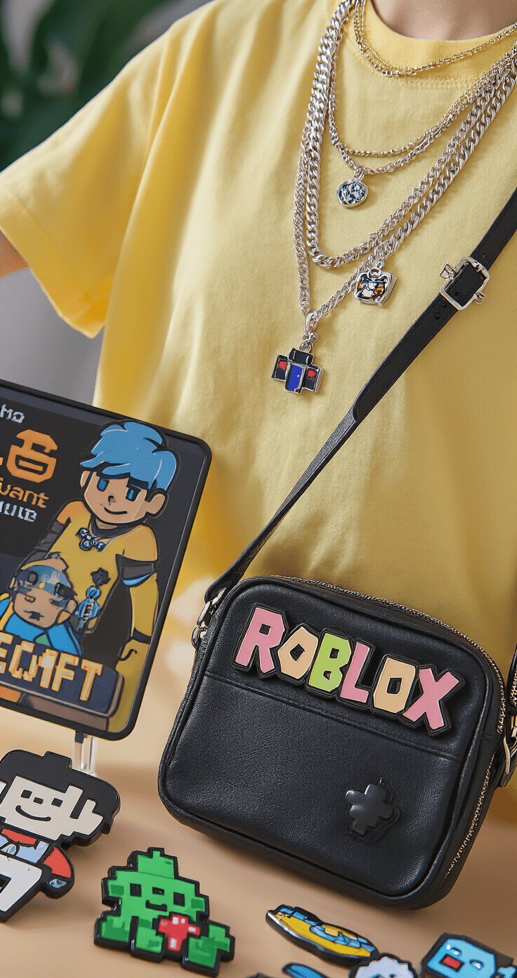 Close-up of a trendy bedroom streaming space illuminated by morning light, highlighting a yellow tee paired with layered silver necklaces, gaming-themed enamel pins, and a black crossbody bag adorned with Roblox character charms, set against a backdrop of virtual and real-world gaming accessories.
