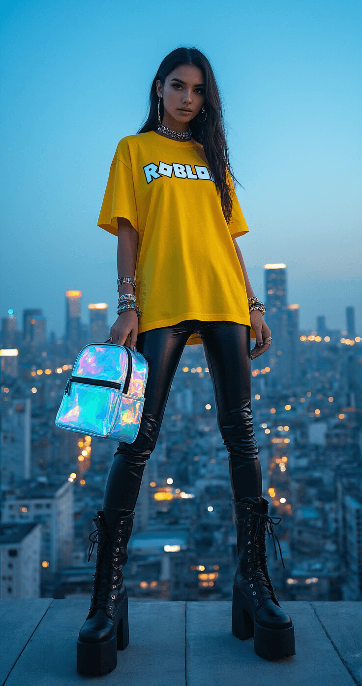 A fashion-forward gamer poses on an urban rooftop at blue hour, wearing a yellow Roblox tee with a transparent mesh overlay, high-waisted black pants, and platform boots. They are accessorized with cyber-punk inspired jewelry and a holographic backpack, with twinkling city lights in the background. The shot is from slightly below, emphasizing the cityscape backdrop.