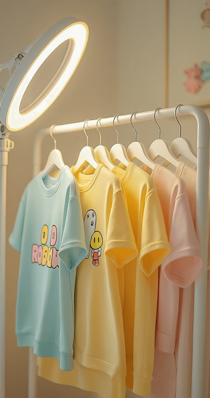 A pastel-themed content creation room illuminated by soft ring lights, showcasing a detailed flat lay of a meticulously organized clothing rack with various yellow Roblox t-shirts styled in streetwear and kawaii gaming looks, each outfit adorned with coordinated accessories.