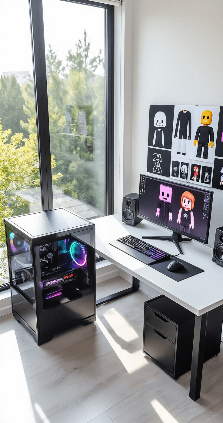 The Ultimate Guide to Rocking a Cute Black Roblox T-Shirt in 2024 A bright minimalist photography studio with a sleek black gaming setup and a fashion workspace, featuring a large monitor displaying Roblox avatar customization, alongside a mood board of kawaii black t-shirt designs, captured from above in 4K detail.