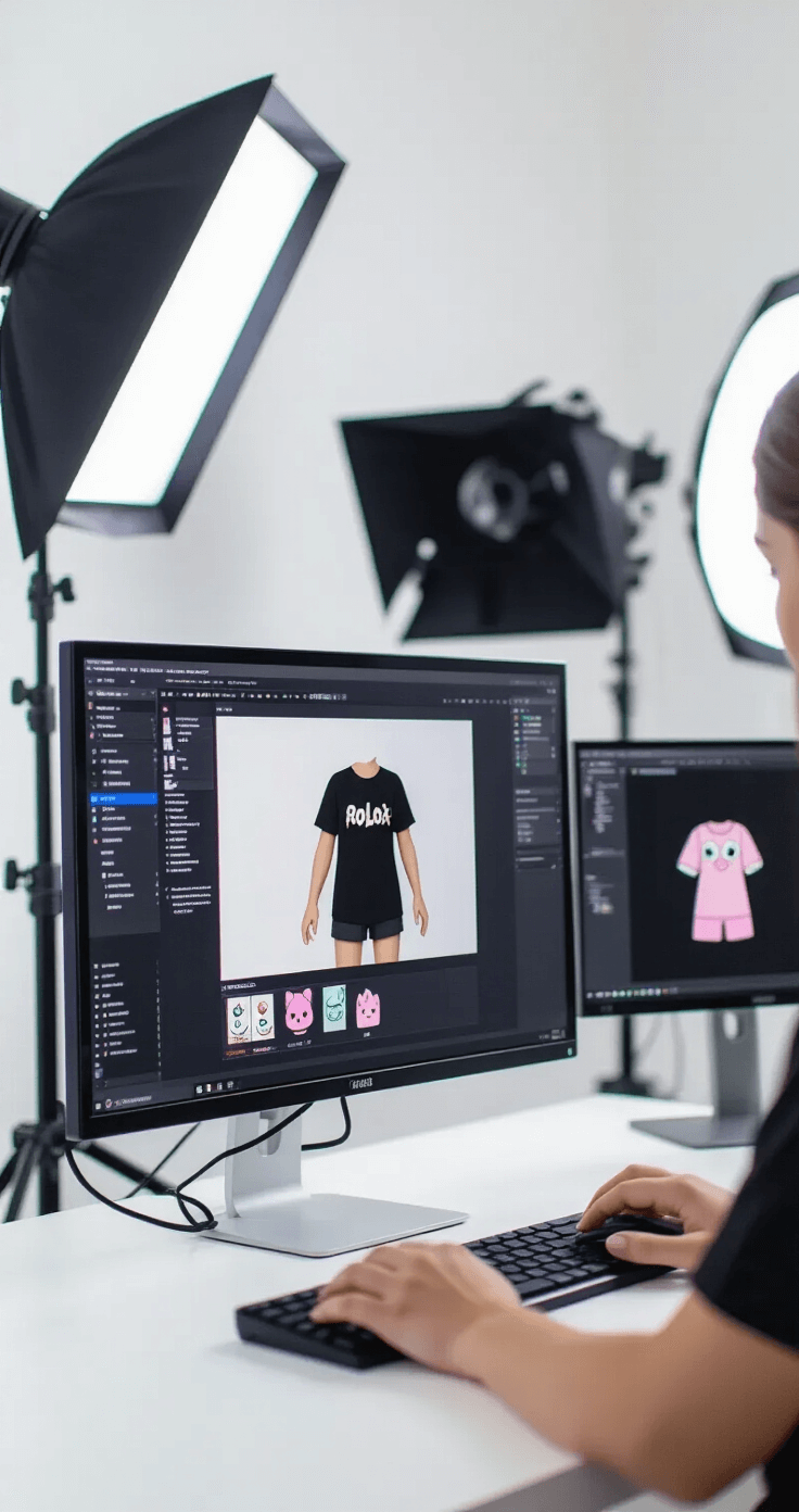 The Ultimate Guide to Rocking a Cute Black Roblox T-Shirt in 2024 A clean content creator studio featuring ring lights and softboxes, showcasing multiple screens with Roblox fashion design software. Close-up of hands designing a black t-shirt adorned with kawaii elements and pastel accents, captured in sharp detail.