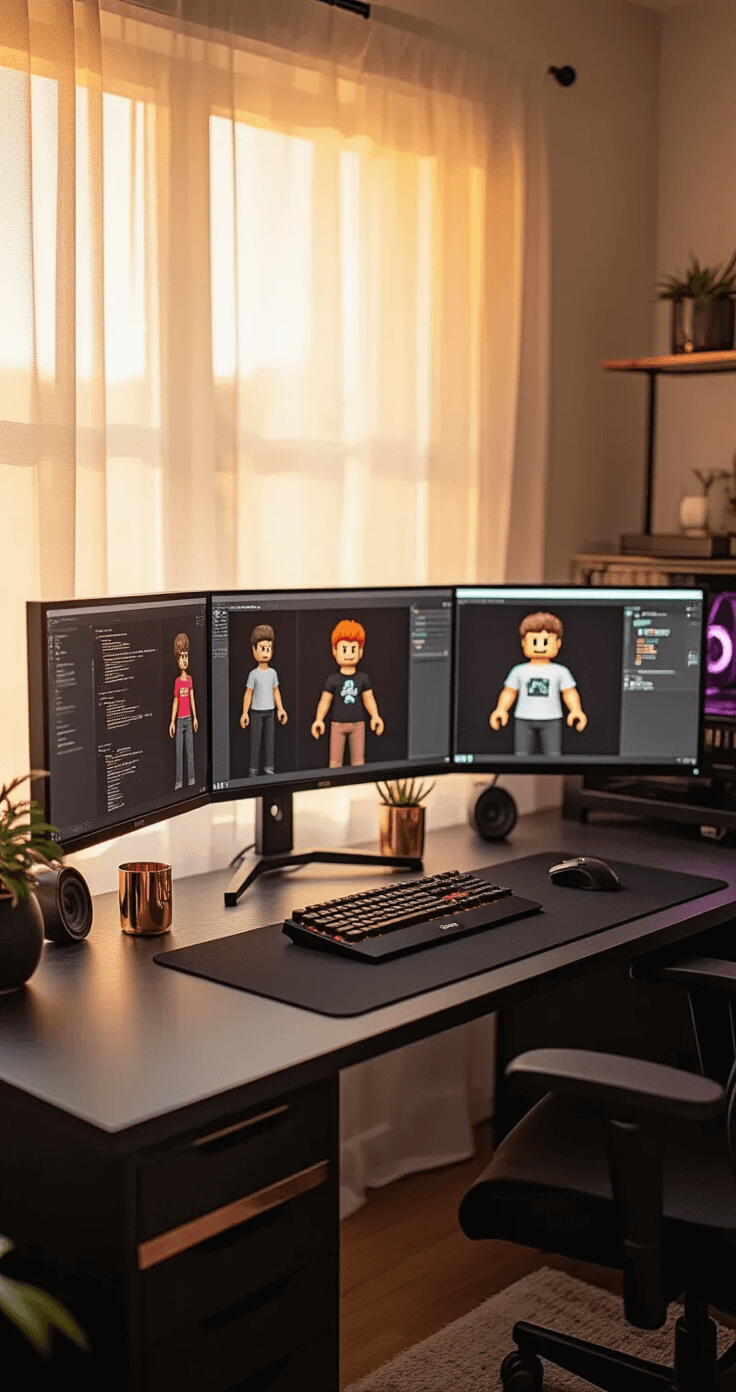 The Ultimate Guide to Rocking a Cute Black Roblox T-Shirt in 2024 A cozy gaming room bathed in warm golden light, featuring a black desk with rose gold accessories, multiple screens displaying Roblox clothing codes and design templates, and an avatar modeling various black t-shirt styles, captured from a 45-degree angle.