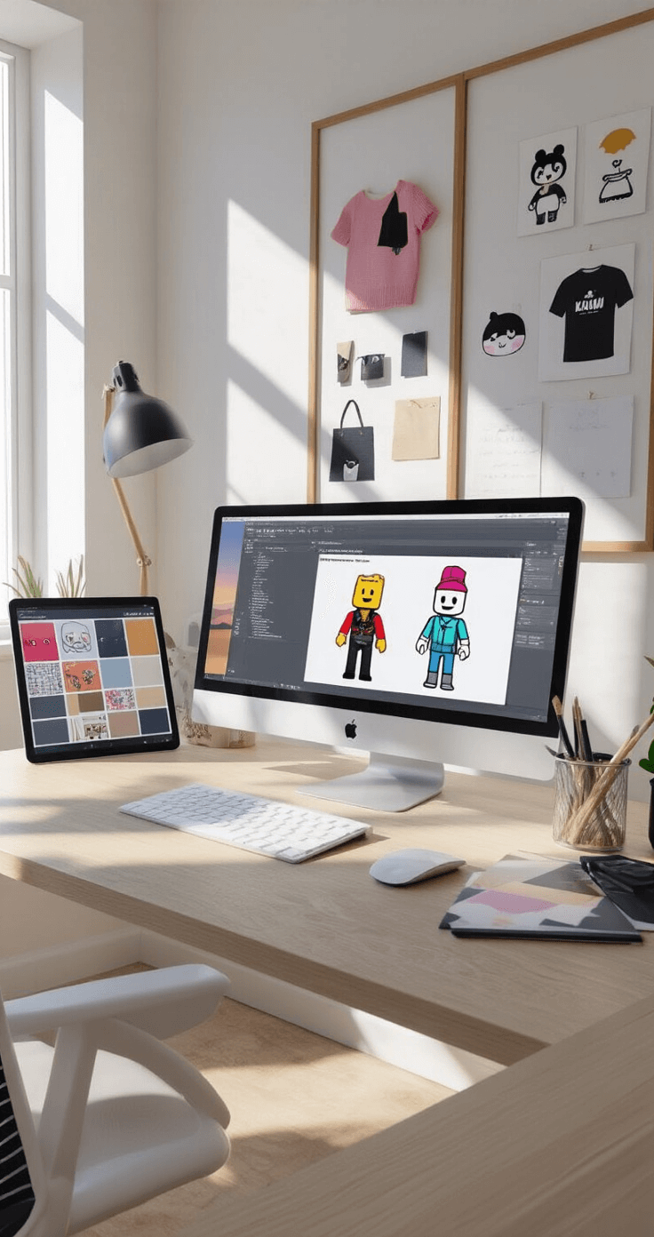 The Ultimate Guide to Rocking a Cute Black Roblox T-Shirt in 2024 A bright, airy contemporary home office featuring a large desktop screen displaying a Roblox clothing template editor, a tablet with trending black t-shirt designs, and a mood board with fabric swatches and kawaii inspirations, all captured in a lifestyle documentary style.