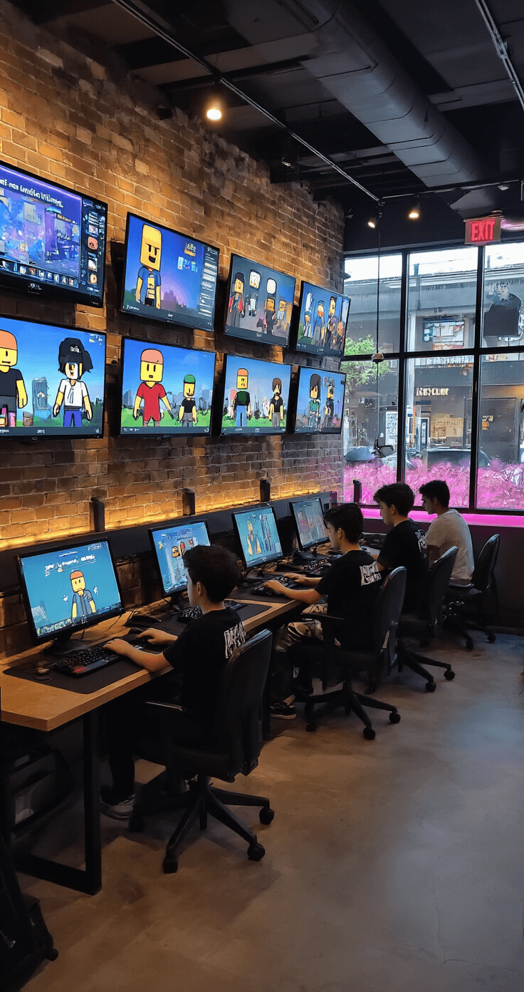 The Ultimate Guide to Rocking a Cute Black Roblox T-Shirt in 2024 Interior of a modern urban gaming cafe featuring industrial decor and ambient lighting, with multiple gaming stations displaying Roblox avatar customization screens focused on black t-shirt styles, and wall-mounted displays highlighting trending designs and popular codes, capturing a vibrant social gaming atmosphere.