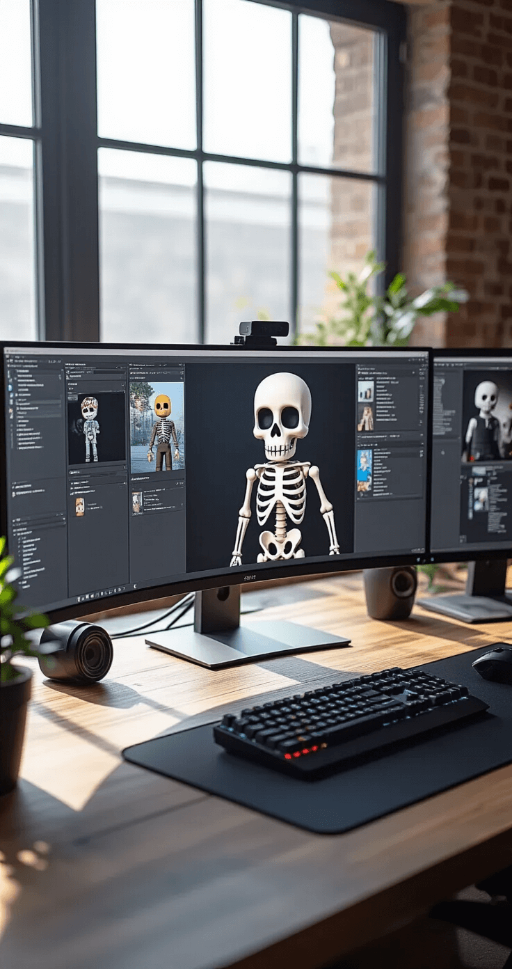 Moody studio workspace of a digital fashion influencer, featuring a 27-inch curved monitor displaying a Roblox avatar in a skeleton t-shirt, with soft afternoon light illuminating a minimalist desk with gaming peripherals, dark wood and matte black surfaces, and secondary monitors showing fashion design software and social media feeds.
