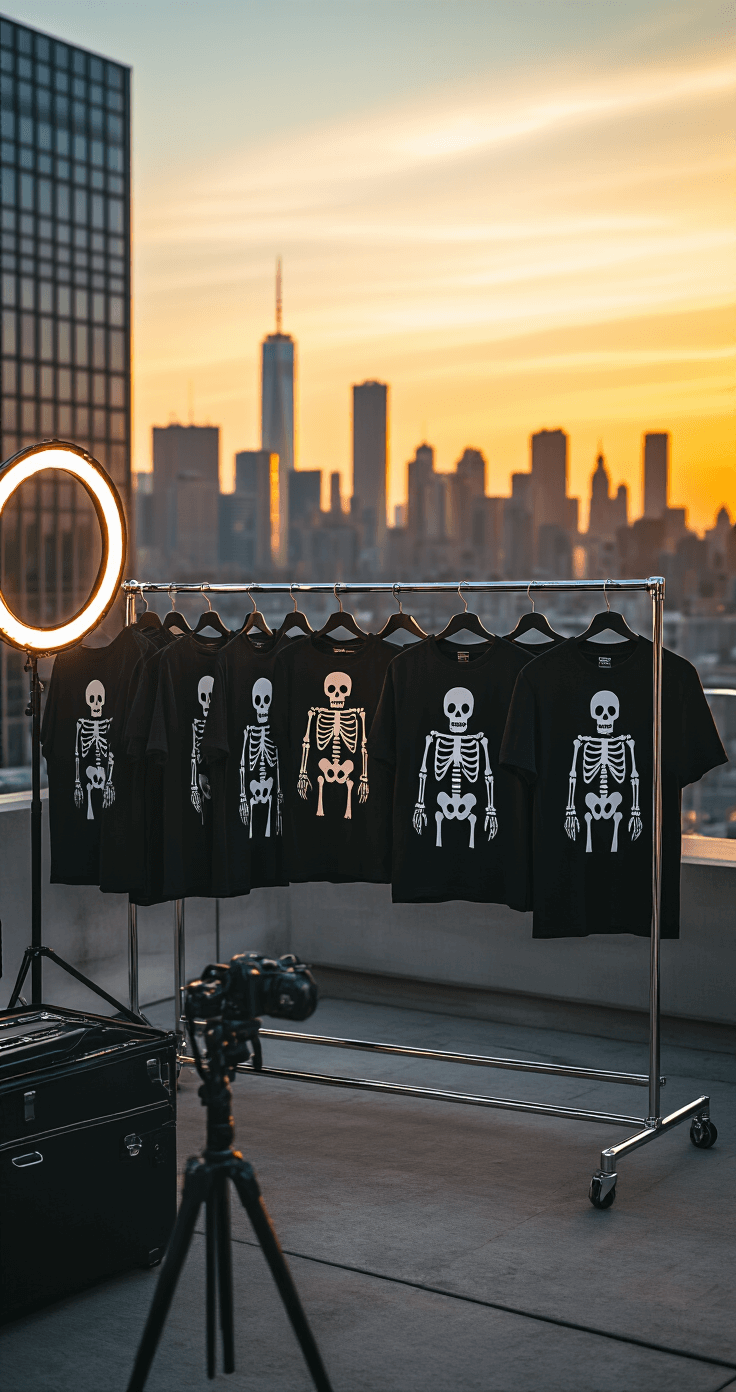 A fashion photographer captures a Y2K-inspired Roblox merchandise display featuring a skeleton streetwear collection on an industrial clothing rack, set against a vibrant city skyline at golden hour, with chrome hangers showcasing various t-shirt designs and professional LED ring lights illuminating the scene, shot from a low angle with a DSLR camera on a modern tripod.