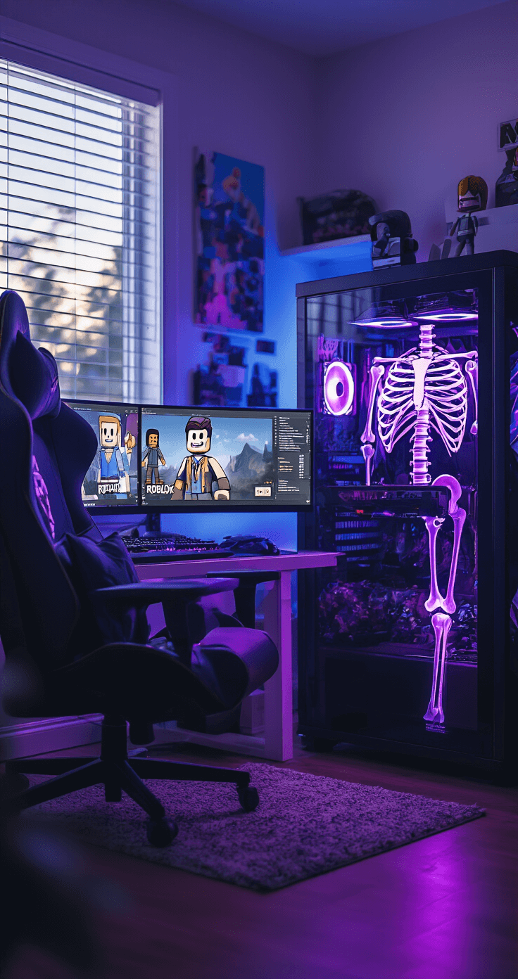 Cozy gaming room featuring a crystal skeleton tee on a mannequin beside a high-end gaming setup, with multiple monitors displaying Roblox avatars. The scene is illuminated by purple and blue RGB lighting, highlighting the design details of the shirt, while a gaming chair adorned with accessories is softly blurred in the background.