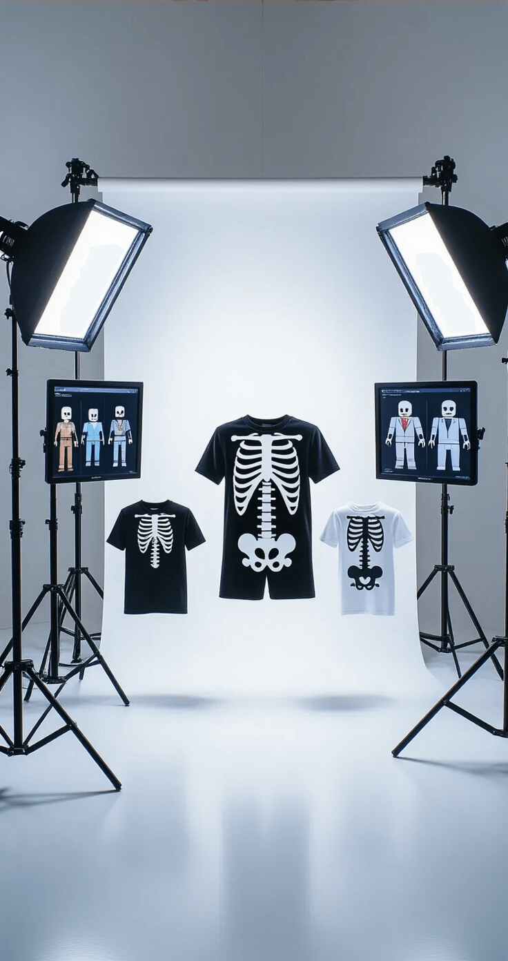 A bright photography studio features skeleton shirt styling options displayed against a stark white background. Professional lighting equipment and multiple screens for catalog navigation are present, while behind-the-scenes gear is reflected in mirrors. The setup emphasizes a commercial photography aesthetic with sharp focus and dimensional lighting.