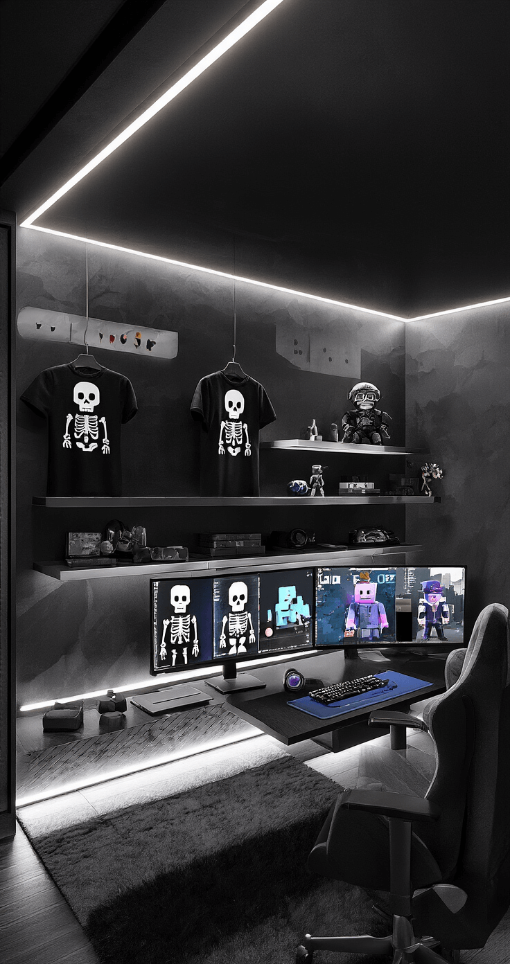A trendy bedroom with a dark, moody aesthetic featuring an 'Evade' inspiration wall, LED strip lighting, and floating shelves displaying Roblox merchandise. The gaming setup includes multiple monitors showcasing avatar customization, all in a black and chrome color scheme with dramatic shadows and spot lighting on key pieces.