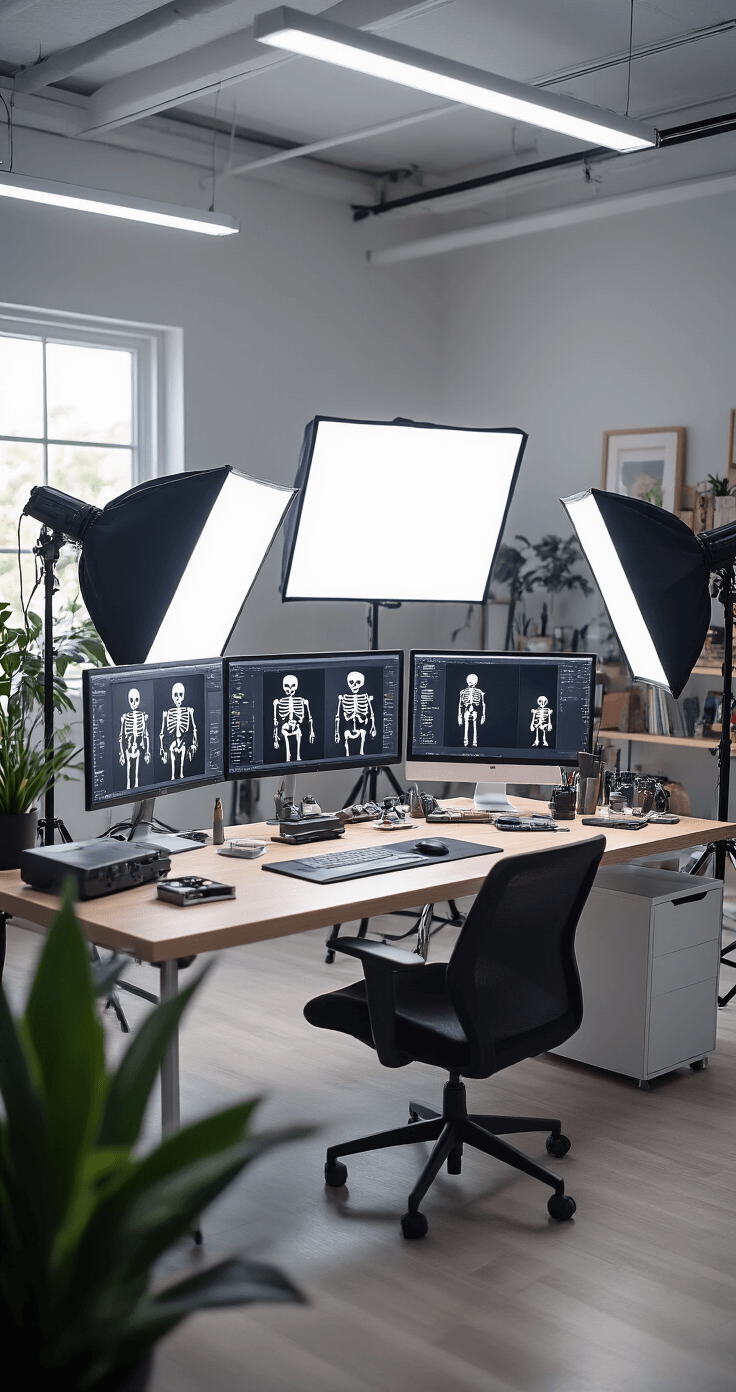 A modern content creator studio featuring a professional photography setup with softboxes illuminating skeleton shirt designs, multiple screens displaying Roblox navigation, a clean desk with editing equipment, and color-coordinated accessories for styling shots, all under bright, even lighting.