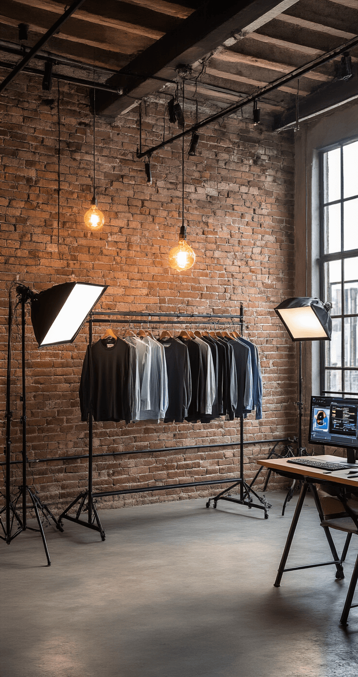 Artistic loft interior at dusk featuring a skeleton shirt collection on an exposed brick wall, illuminated by professional softbox lighting and warm vintage fixtures, with an editing station showcasing Roblox design software, blending industrial design with modern technology.