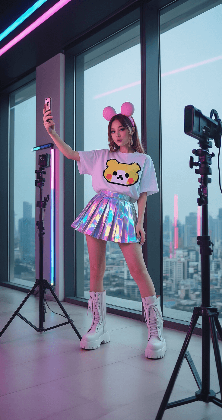 The Ultimate Guide to Cinnamoroll Roblox T-shirts: Get That Kawaii Look! A fashion influencer records a TikTok video in a modern gaming room with floor-to-ceiling windows, wearing a custom Cinnamoroll pixel art t-shirt, holographic pleated skirt, and chunky white boots, with RGB lighting enhancing the kawaii aesthetic.
