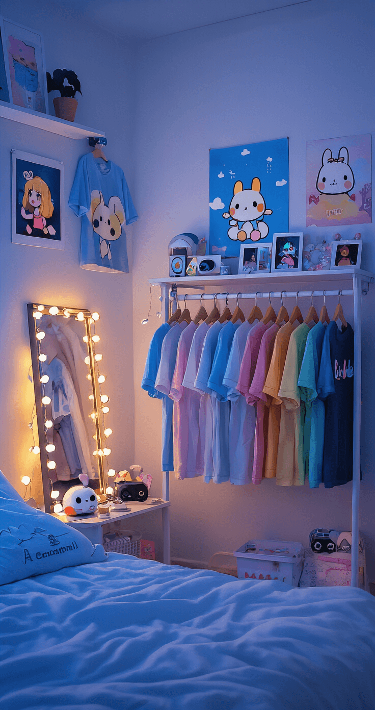 The Ultimate Guide to Cinnamoroll Roblox T-shirts: Get That Kawaii Look! A cozy bedroom corner featuring a clothing rack displaying Cinnamoroll t-shirts arranged in a color gradient. The scene includes a mirror selfie setup adorned with fairy lights, polaroid photos of Roblox avatars, and cute gaming accessories. The cool blue hour light contrasts with warm LED accents, captured at eye level with focus on the clothing details.