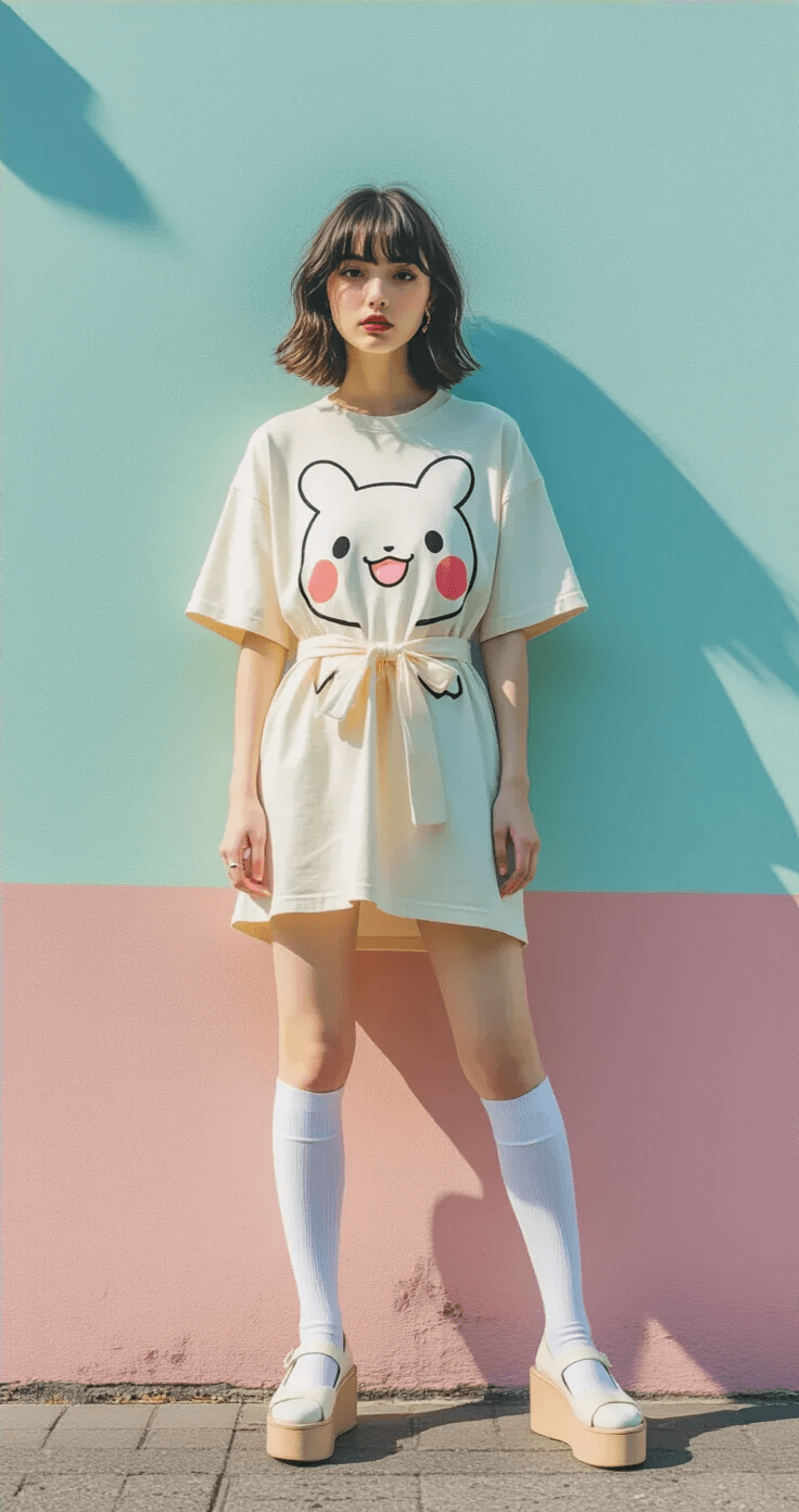 The Ultimate Guide to Cinnamoroll Roblox T-shirts: Get That Kawaii Look! A fashion blogger poses against a pastel-painted wall, wearing an oversized Cinnamoroll graphic tee belted at the waist, white knee-high socks, and platform Mary Janes, with early morning light casting a dreamy atmosphere and a slight motion blur captured from street level.