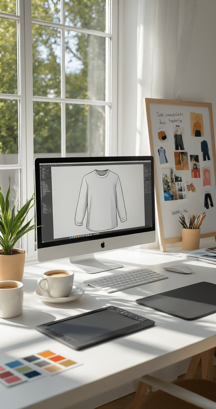 A bright and minimalist home studio featuring a 27-inch monitor displaying a white Roblox shirt template, with natural light illuminating a clean workspace equipped with a graphics tablet, color swatches, and an inspiration board. A cup of artisanal coffee is nearby, all framed in a shallow depth of field.