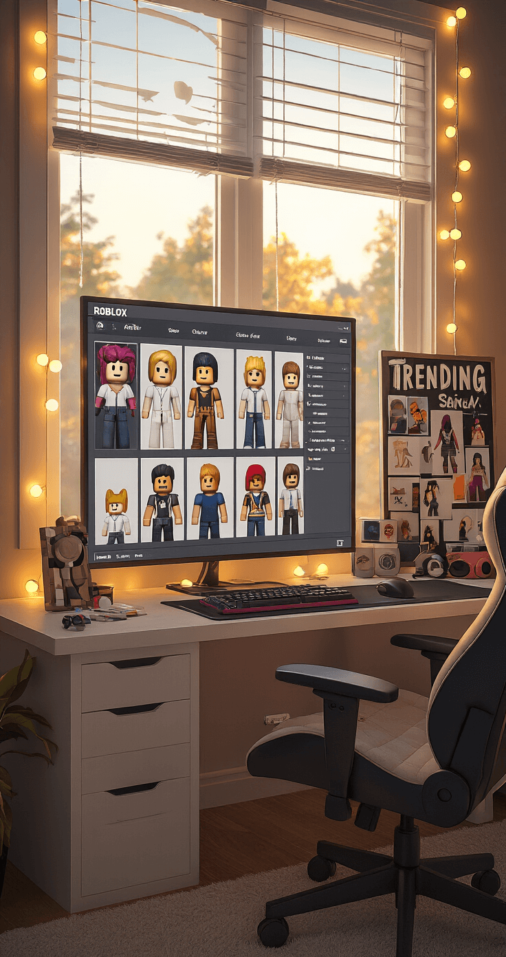 A cozy gaming corner filled with warm afternoon light, showing a Roblox avatar customization screen with various white shirt options. Mood boards highlight trending Roblox fashion. String lights provide a soft glow, accompanied by a plush gaming chair and aesthetic desk setup.