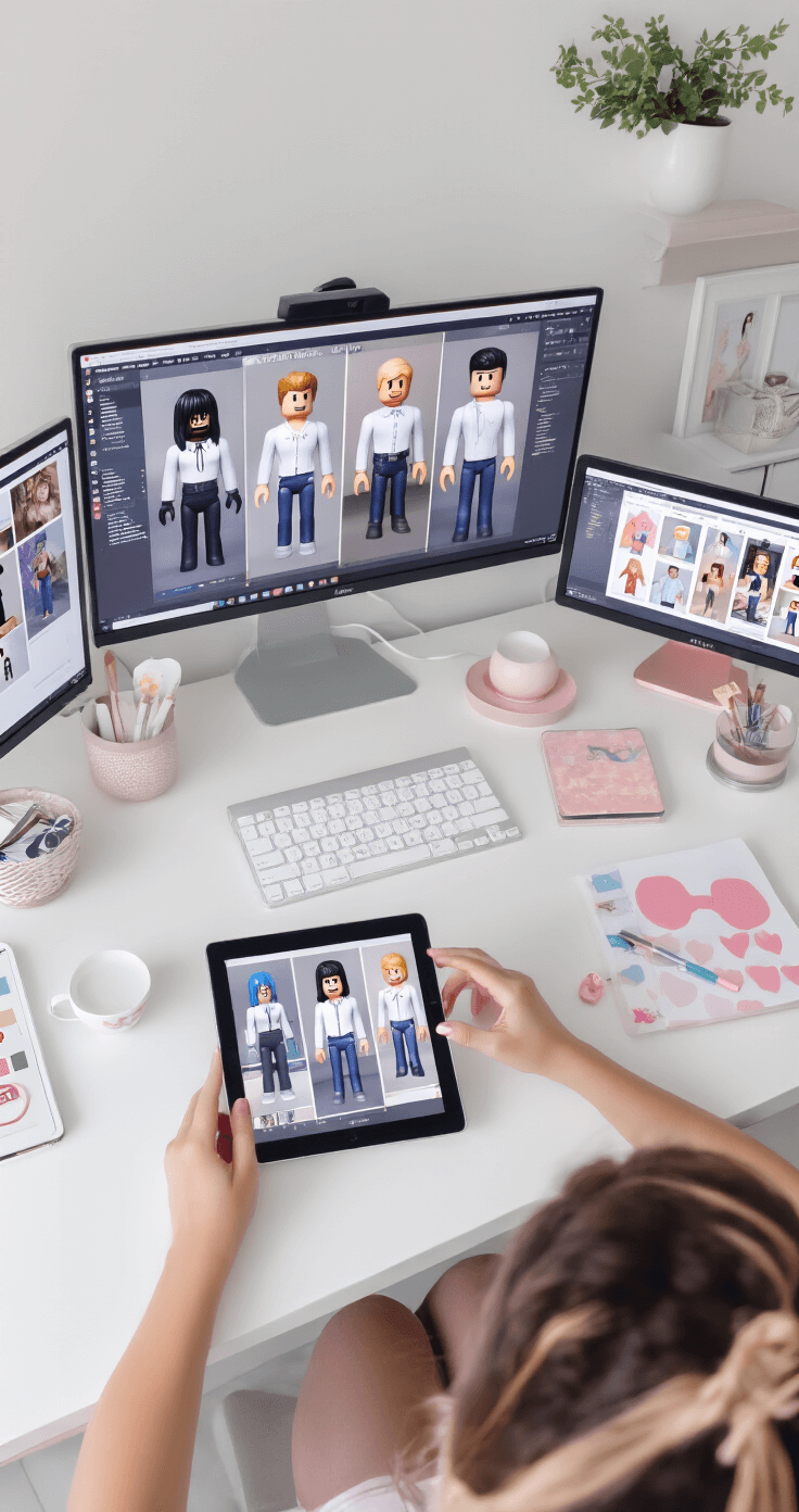 An overhead shot of a clean, modern workspace with multiple monitors displaying white shirt combinations for a Roblox avatar, a tablet showing social media inspiration, and pastel accessories, all set in a minimalist décor. The soft, diffused lighting enhances the professional content creation atmosphere.
