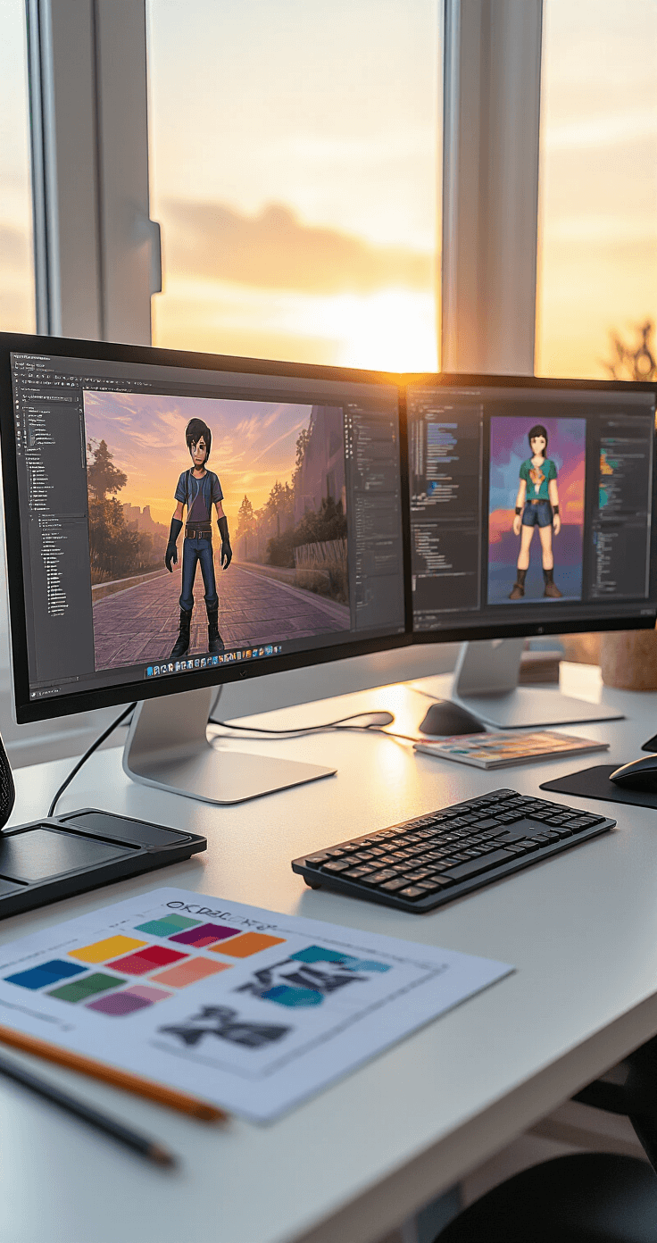 A sleek home office during golden hour with a dual-monitor setup showcasing Roblox shirt template editing, surrounded by a graphics tablet, color theory charts, and digital fashion sketches on a white desk, all illuminated by dramatic side lighting.