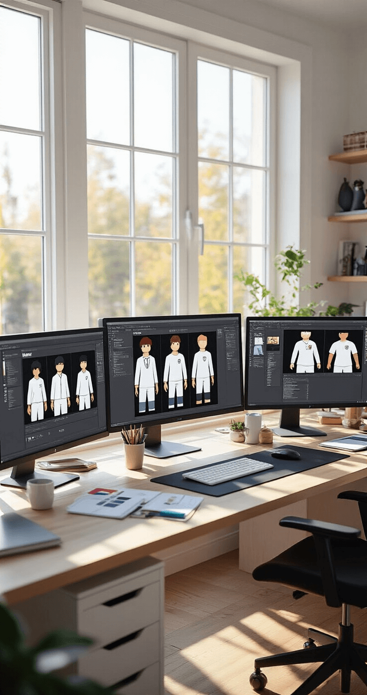 Bright and airy home studio featuring a group working on uniform designs, multiple Roblox windows showing shirt variations, design tools and color palettes on the desk, and natural morning light illuminating the creative space.