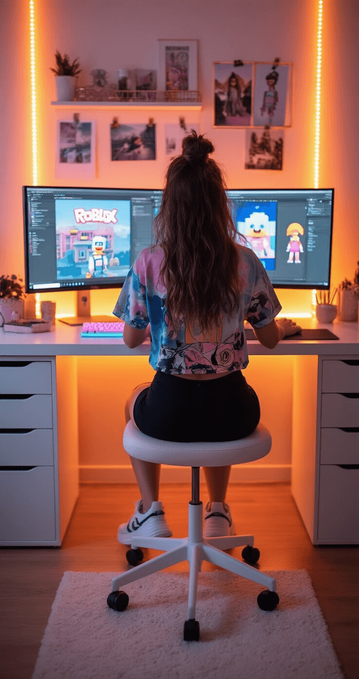 A fashion-forward content creator at a minimalist white desk with dual monitors showing Roblox design templates, dressed in an oversized graphic tee and bike shorts, surrounded by organized design tools and a pastel keyboard, with warm ambient LED lighting.