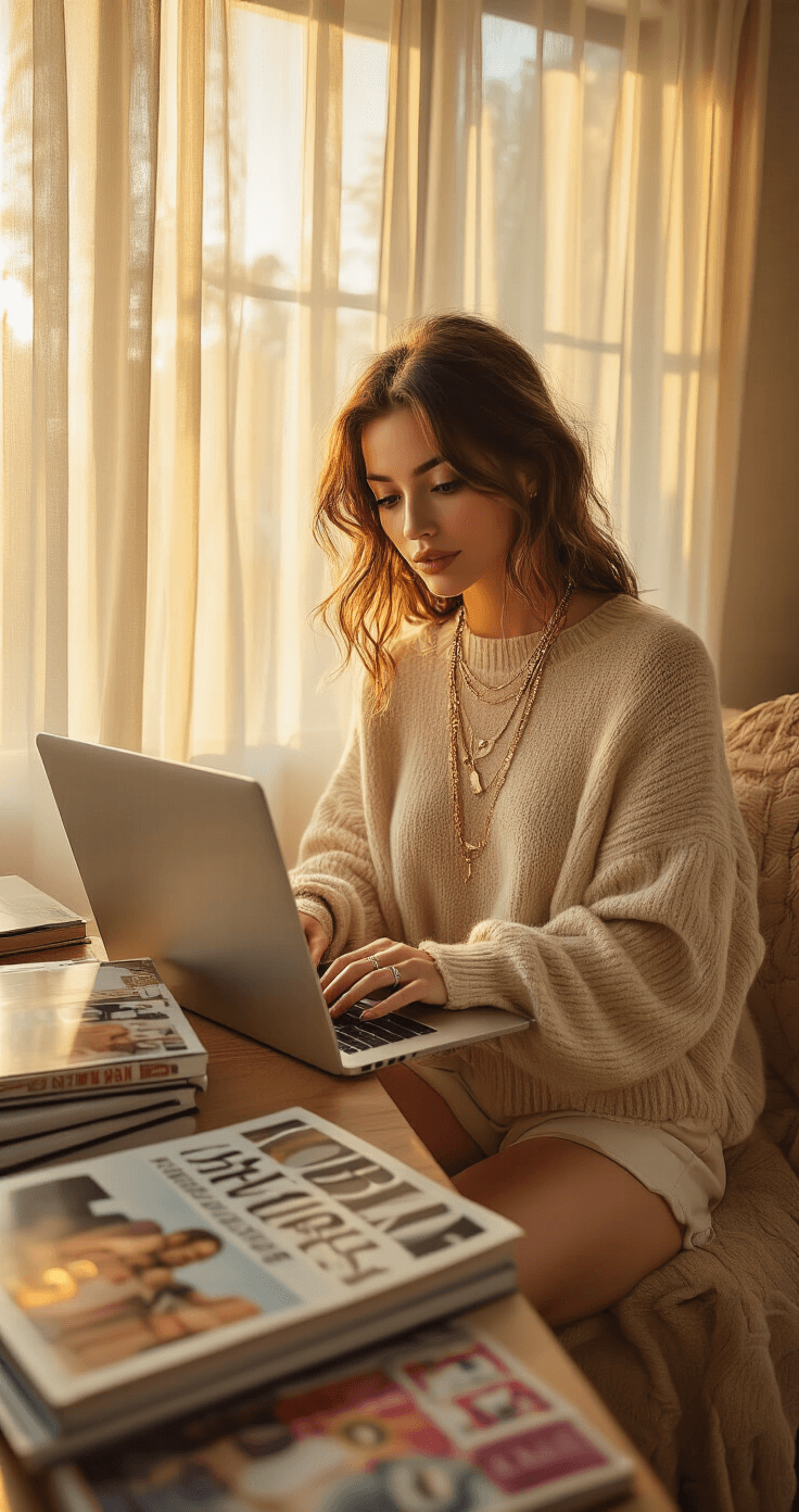 Cozy home office corner bathed in golden hour light, featuring a fashion blogger in a casual-chic outfit testing Roblox outfits on her laptop, surrounded by style books and magazine cutouts.
