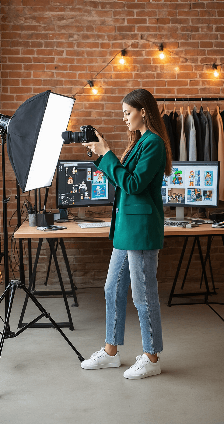 Young designer in an emerald green blazer photographing Roblox designs in an industrial-style creative studio with exposed brick walls and string lights, surrounded by multiple screens showing design progress and a clothing rack with streetwear.