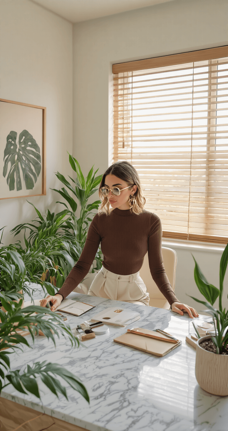A fashion influencer sits at a marble desk in a minimalist apartment filled with floor plants and neutral decor, creating content. She wears a chocolate brown ribbed bodysuit, wide-leg cream trousers, and gold-rimmed glasses. Natural morning light streams through bamboo blinds, illuminating her organized workspace and design inspiration.