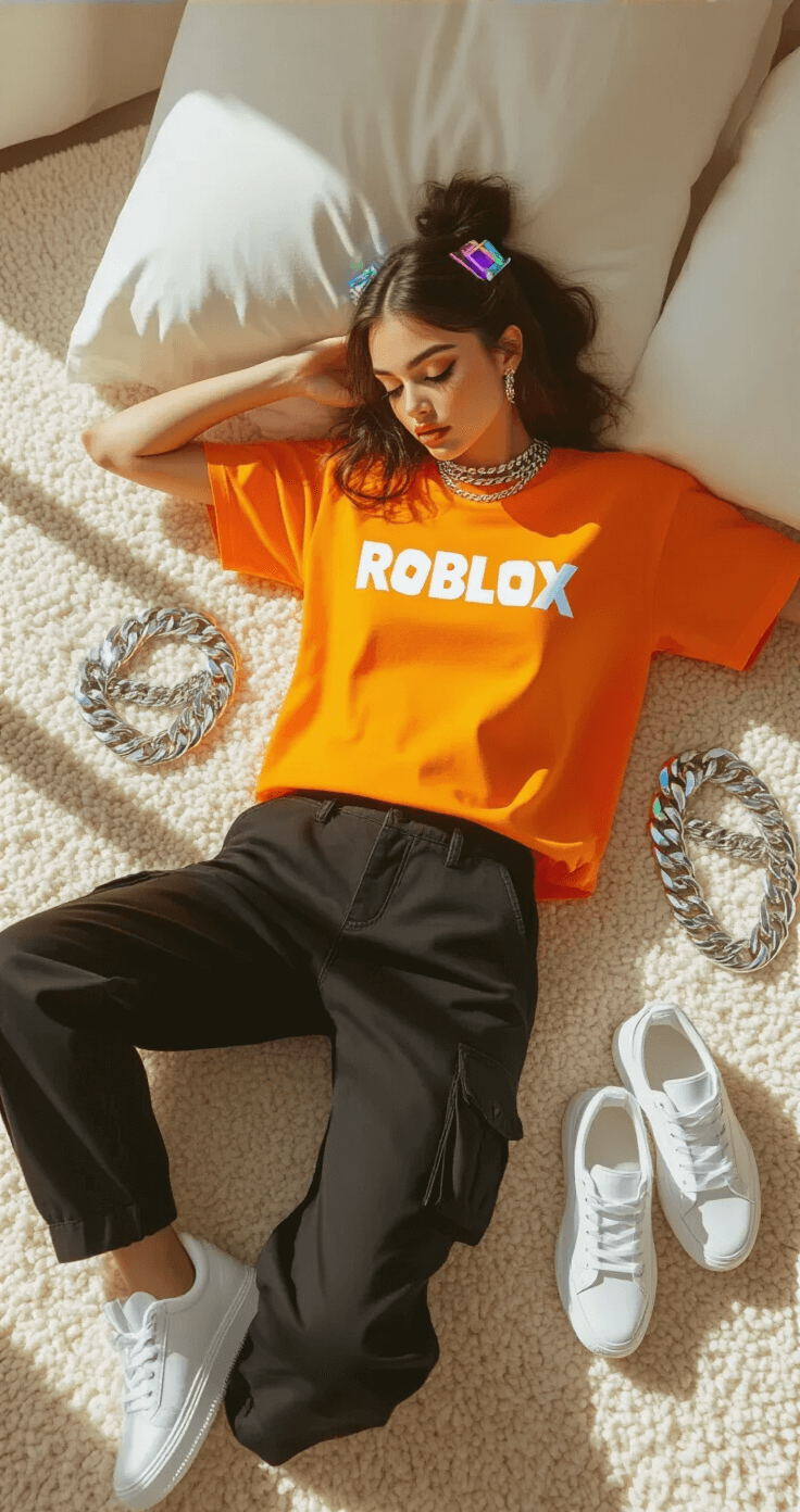 A bright and airy bedroom studio featuring a fashion influencer creating a flat lay with an oversized orange Roblox t-shirt on cream carpet, surrounded by black cargo pants, white platform sneakers, chunky silver chains, and holographic hair clips, all illuminated by soft morning light.