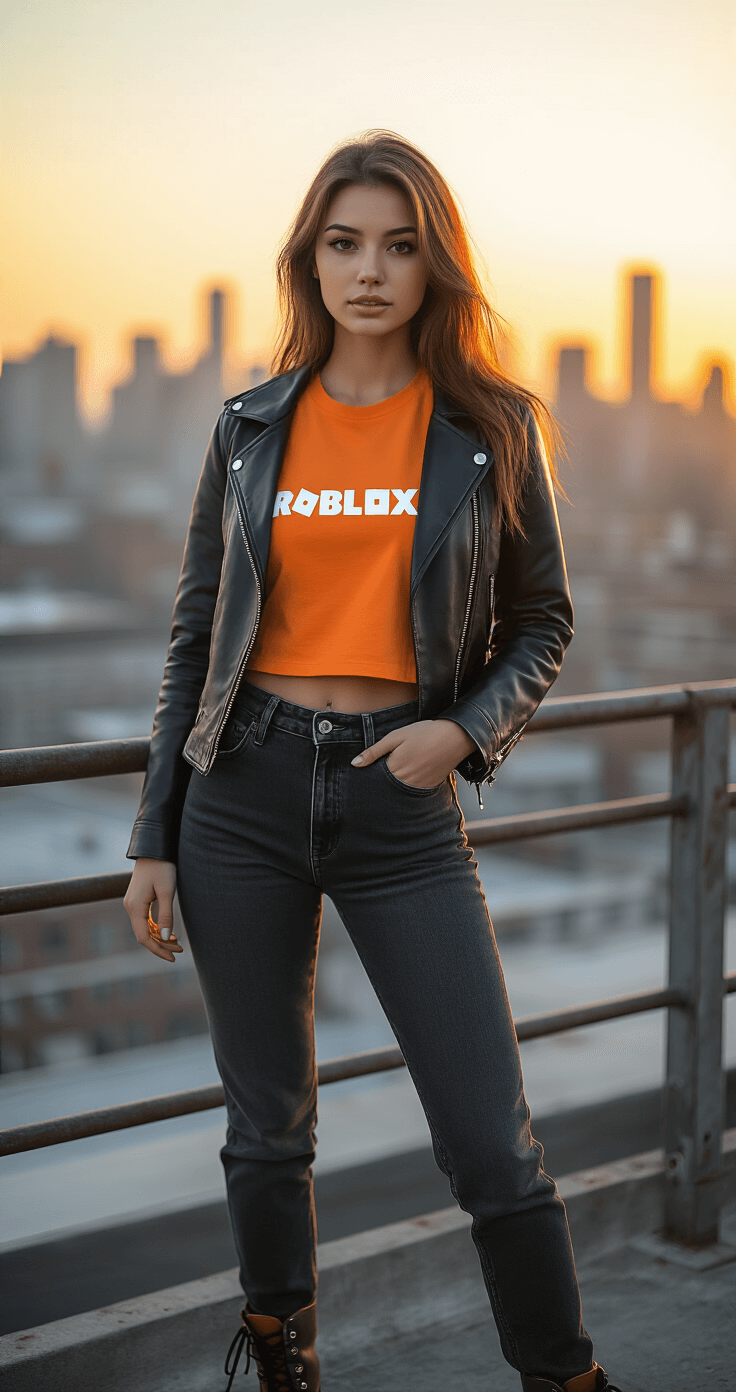 A young woman poses on an urban rooftop during golden hour, wearing a fitted orange Roblox logo tee under a black leather jacket, high-waisted dark wash jeans, and combat boots, with a blurred city skyline in the background.